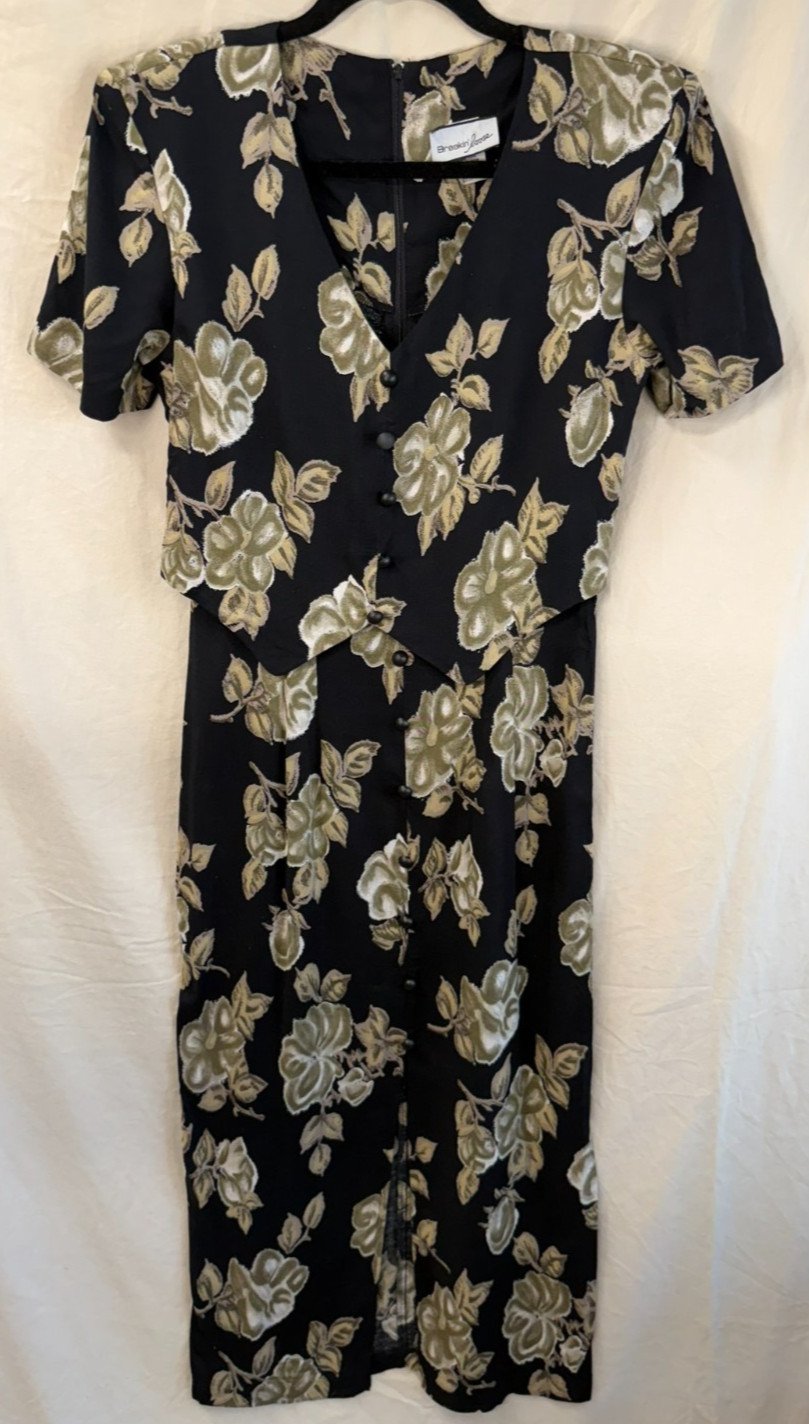 Vintage 1990s Kathie Lee Midi Dress Black Base Beige Floral Size 7/8