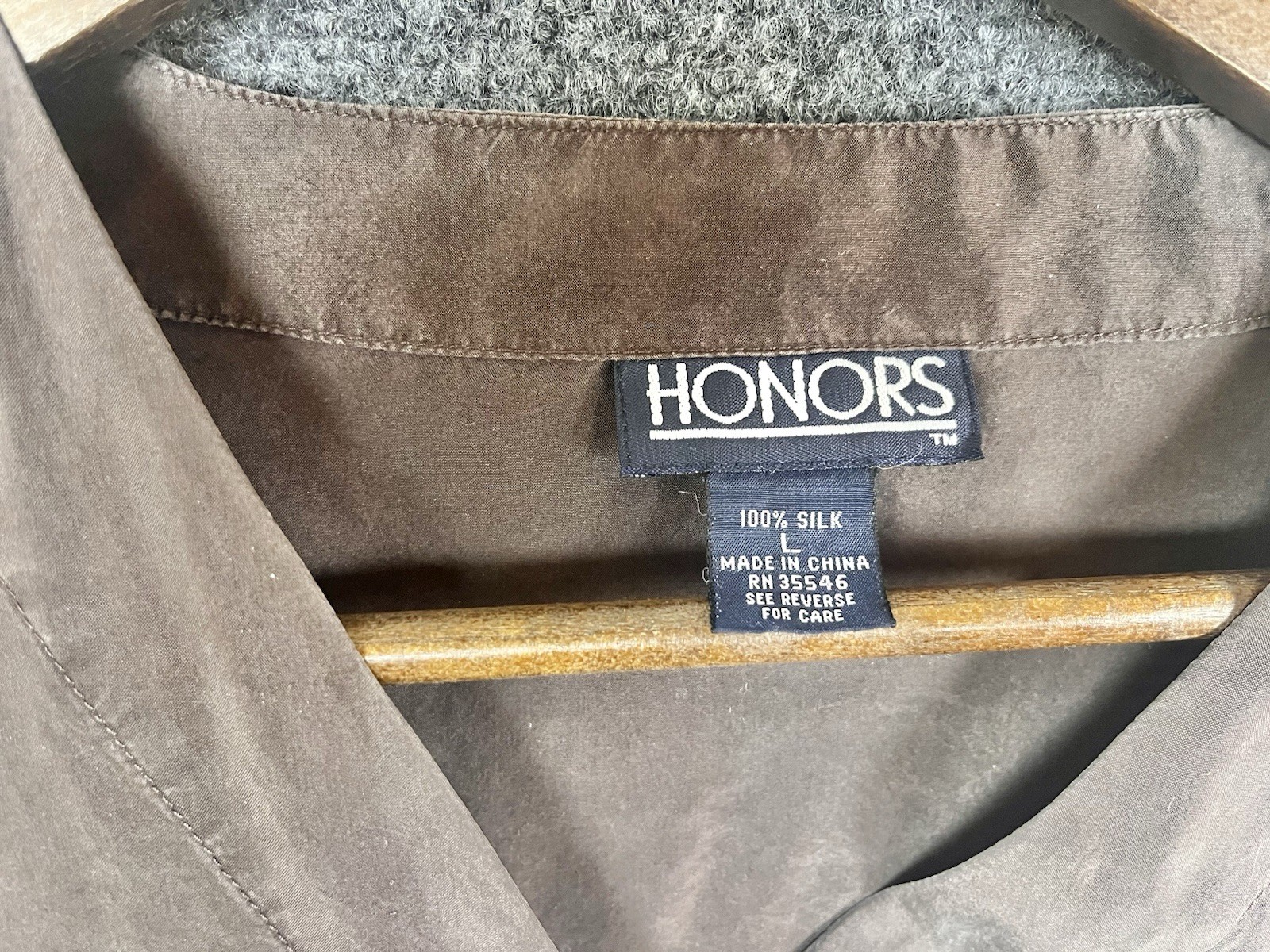 Vintage Honors Womens Silk Top Blouse Button Up Long Sleeve Brown Size Large
