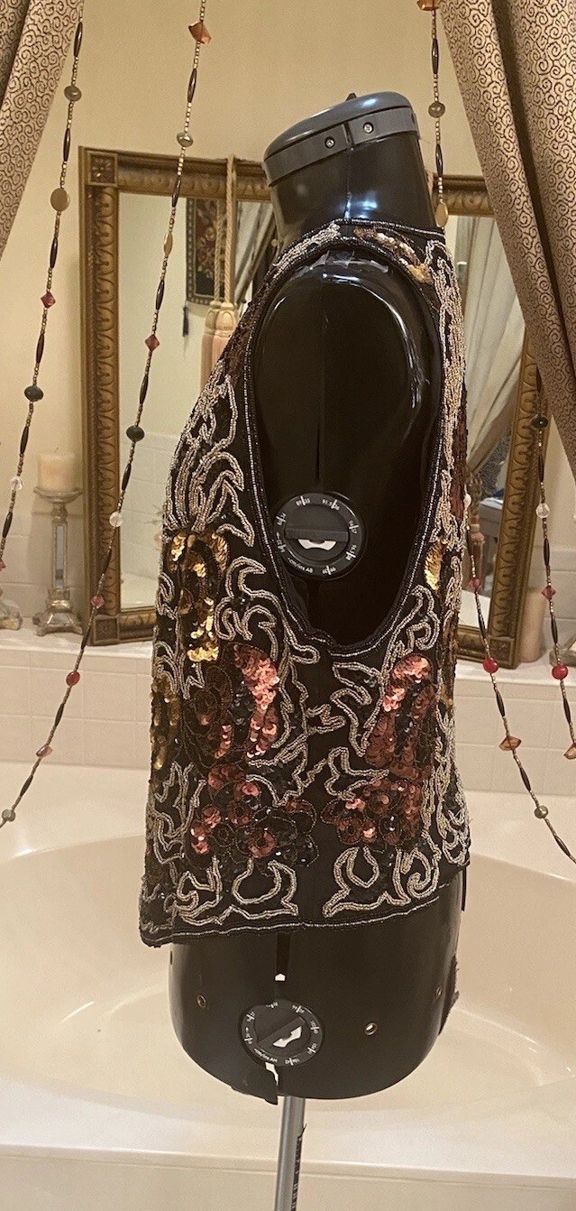 VINTAGE 80&rsquo;s Silk Beaded Sequin Vest BLACK TIE BY HE-RO Black Gold Copper L