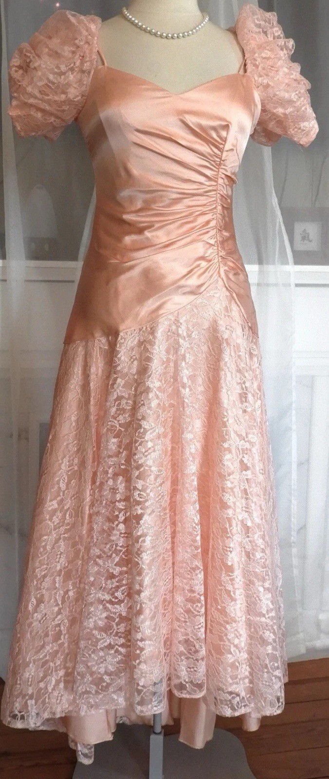 S Pink Sateen Lace Waterfall Dress Puffy Sleeve Ruched Drop Waist Asymmetrical