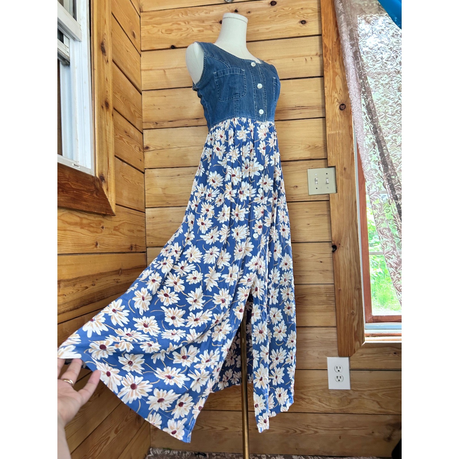 Vintage Denim Daisy Print Maxi Dress Womens Large Blue 90s Grunge Cottagecore