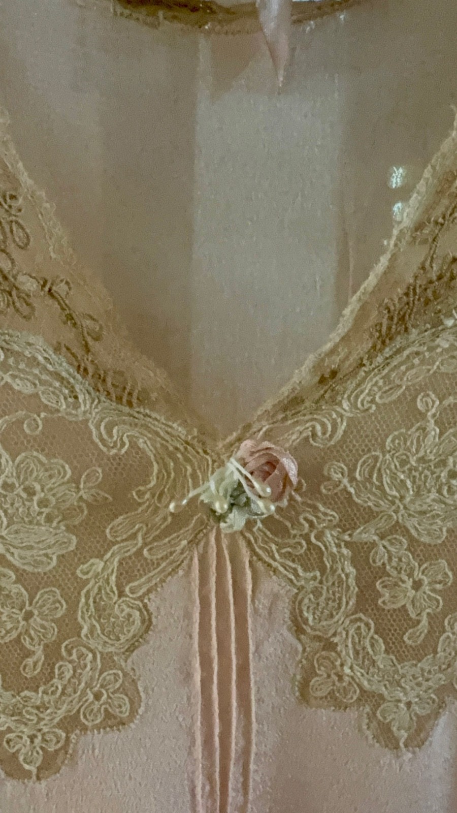 1930s Pink Silk and Lace Maxi Flapper Slip Dress with applique flowers