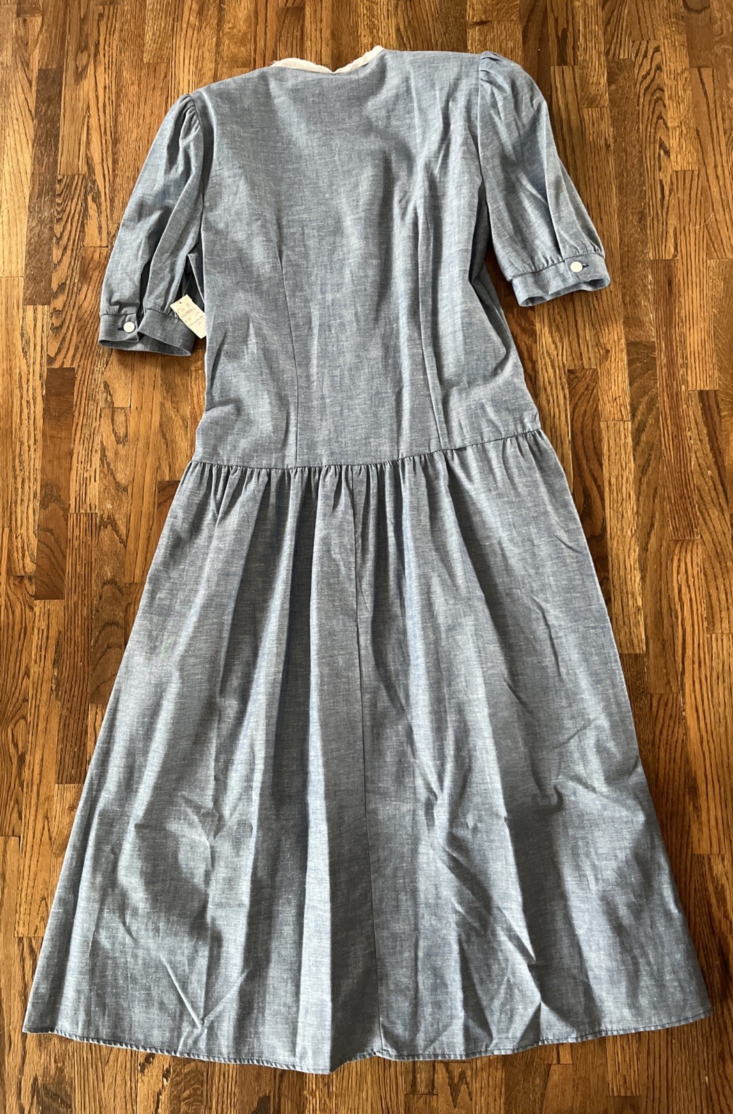 Vintage Light Blue Denim Chambray Modest Cottagecore Dress w/Lace Collar Sz 9/10