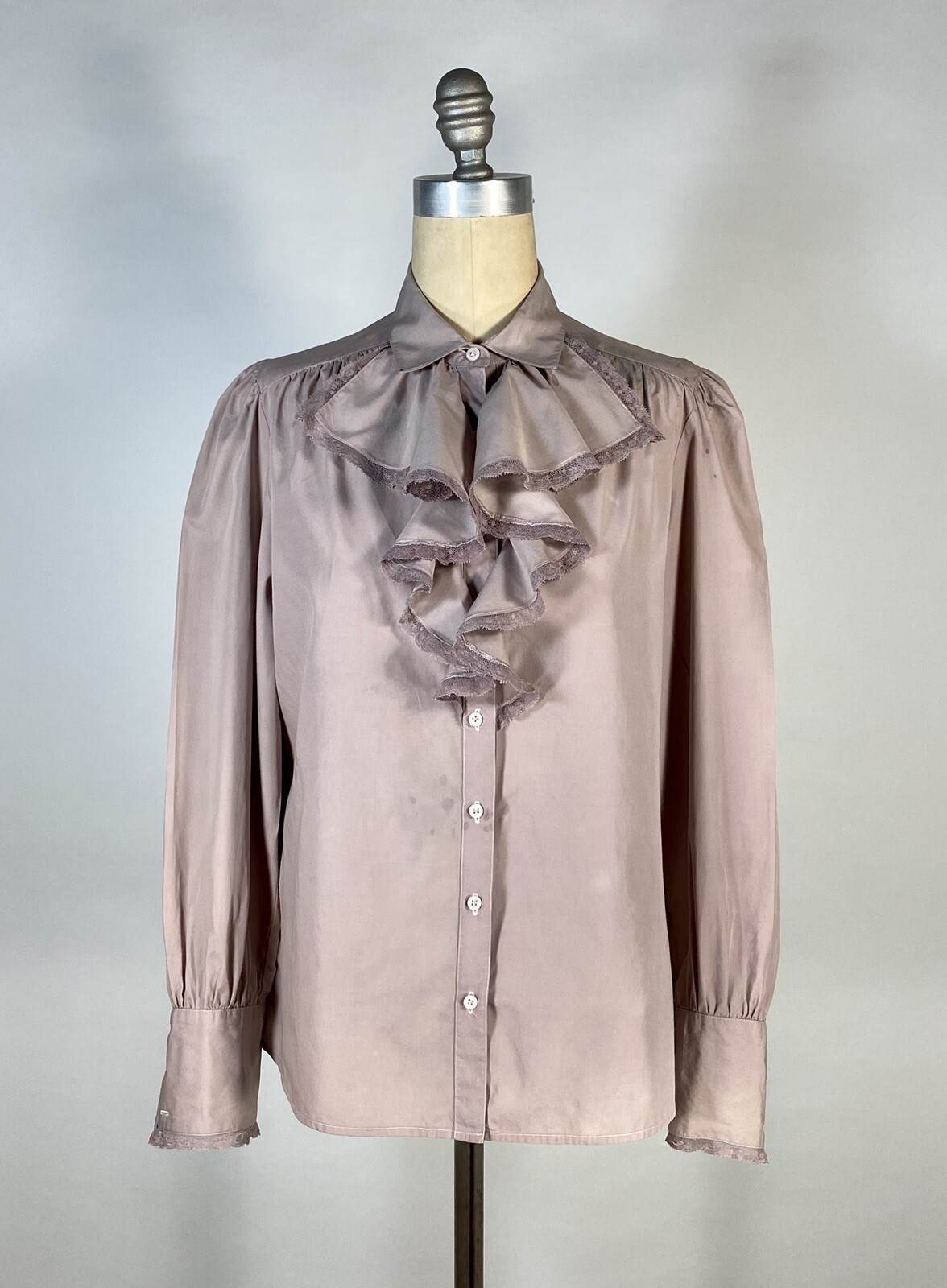 Vintage 1980&rsquo;s REGENCY style distressed over-dyed Lilac purple ruffle blouse Med