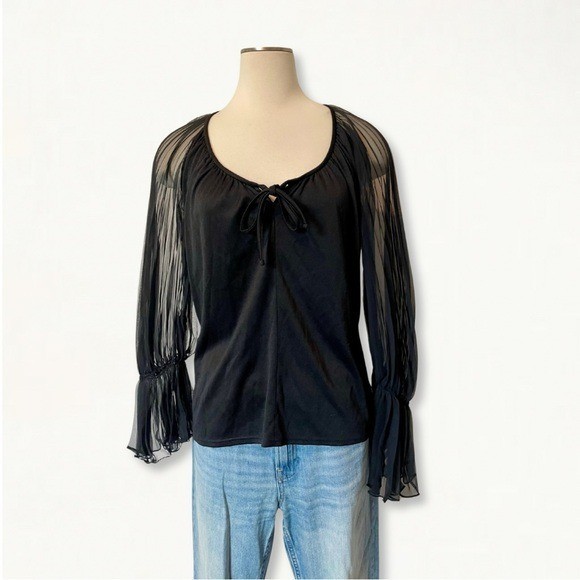 Vintage 1960s Black Tie-Front Sheer Chiffon Bell Sleeve Blouse Union Made in USA