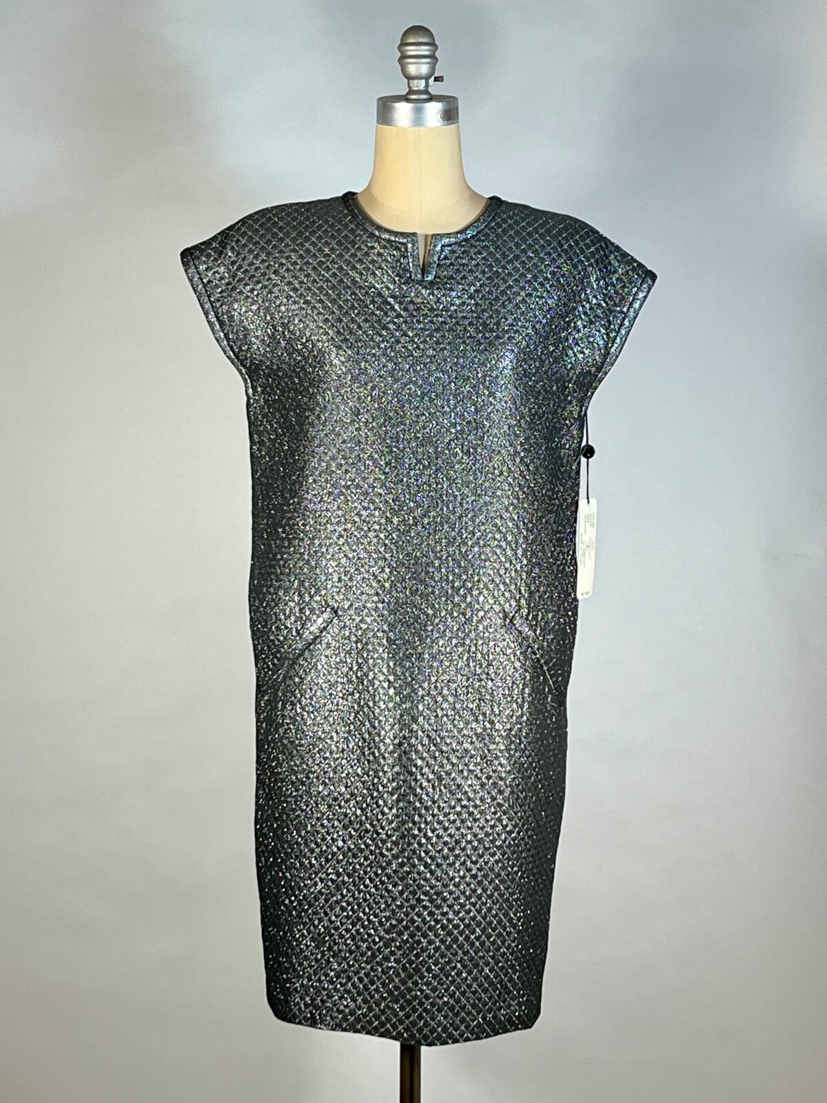 Vintage 1990&rsquo;s silver metallic LUREX quilted futuristic sack dress deadstock NWT