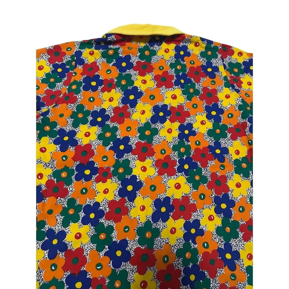Vintage POPLEG Button Up Shirt Womens Medium Yellow Collar Groovy Daisy 80s 90s