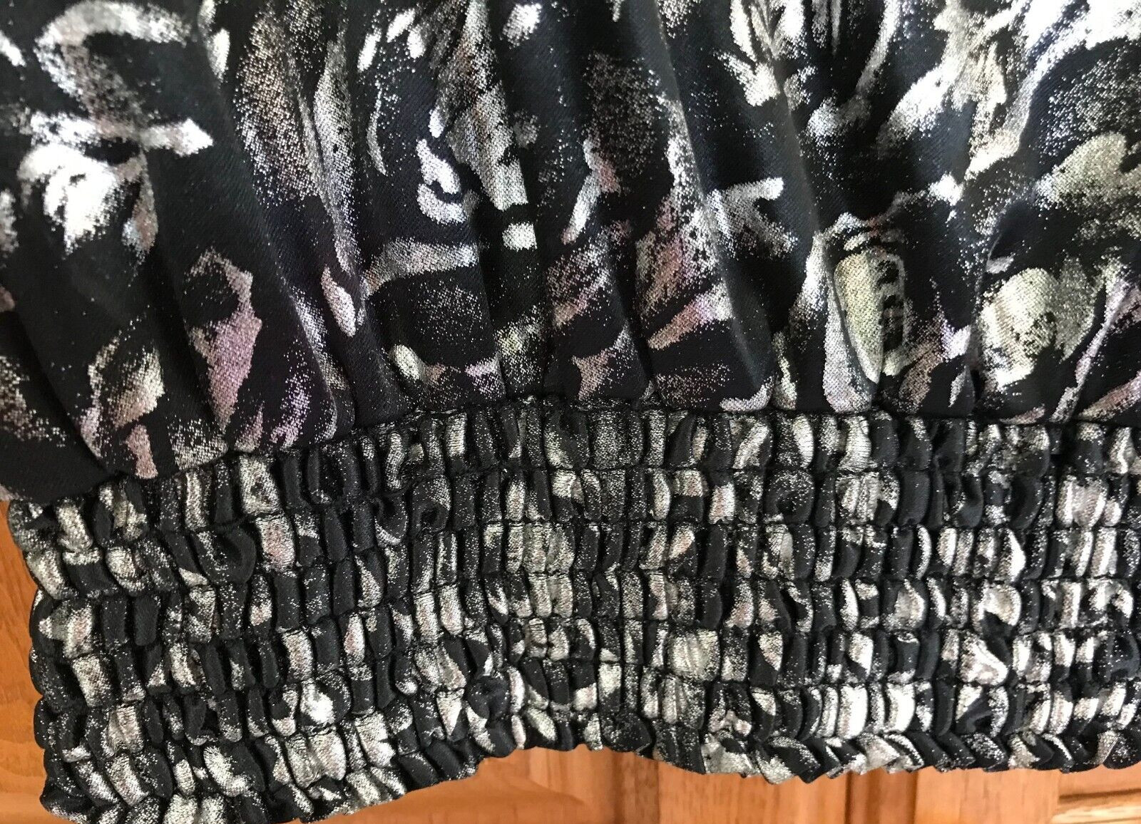 Jeri Marque Metallic Silver Foil Floral Blouson Top Smocked Waist