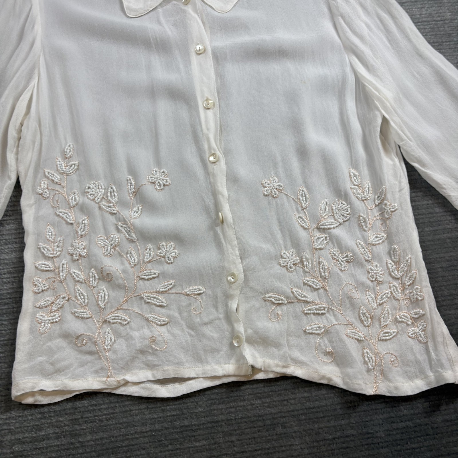 Vintage April Cornell Embroidered Rayon Blouse Womens S White Floral Cottagecore