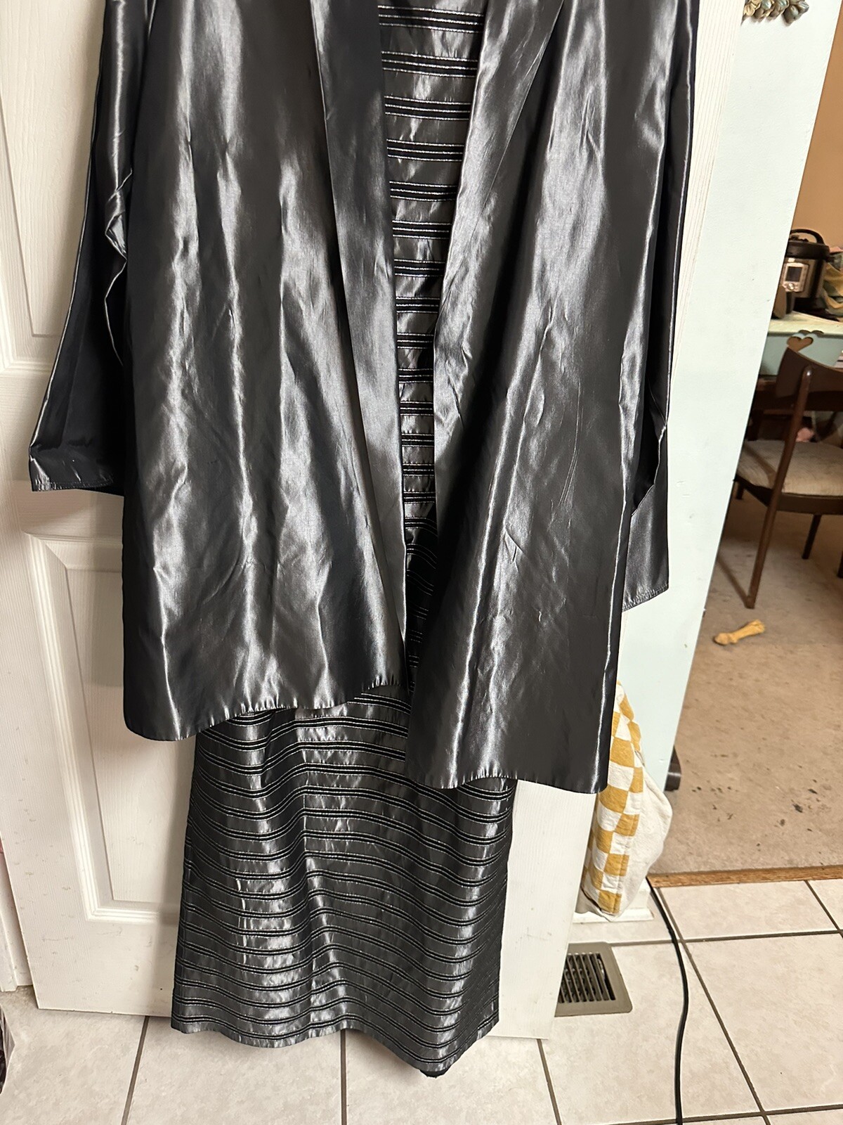 2pc Jacket Dress Set 90s Large Silver Gray Strapless Metallic Silky MOB Formal