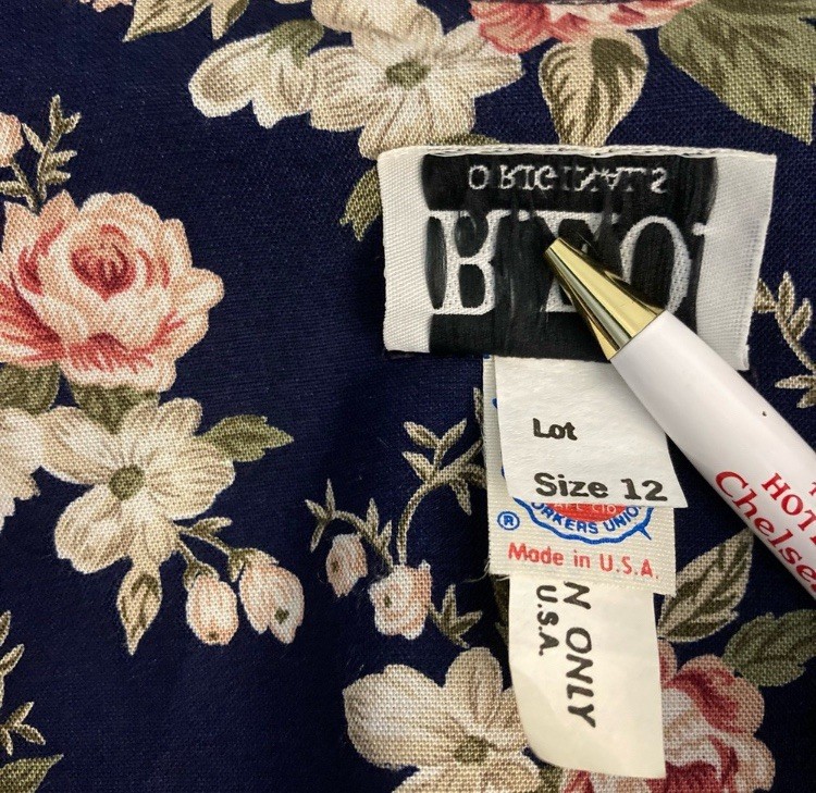 Vintage 1980’s Dark Floral Rose Print Midi Dress, Navy Blue and Pink, Size 12