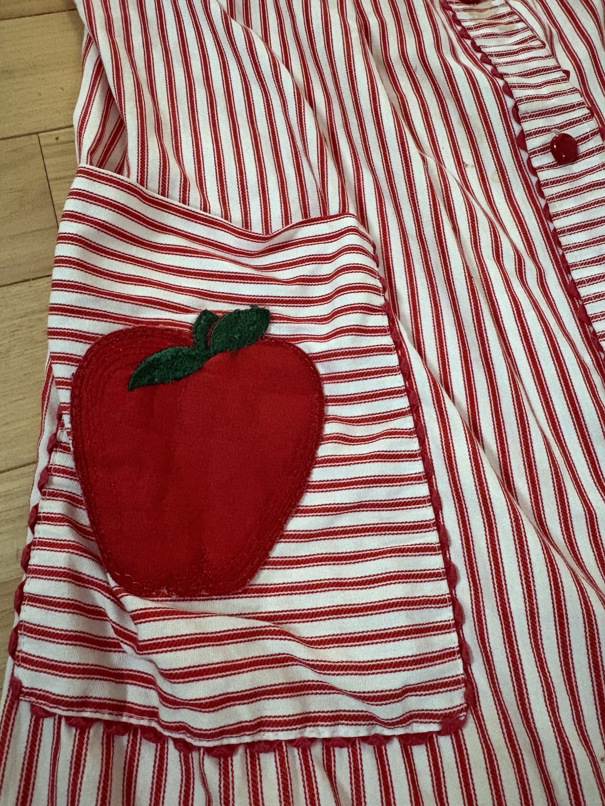 VINTAGE LEISURE LIFE House Dress Grandma Red Stripe Cute Apple Pockets Large