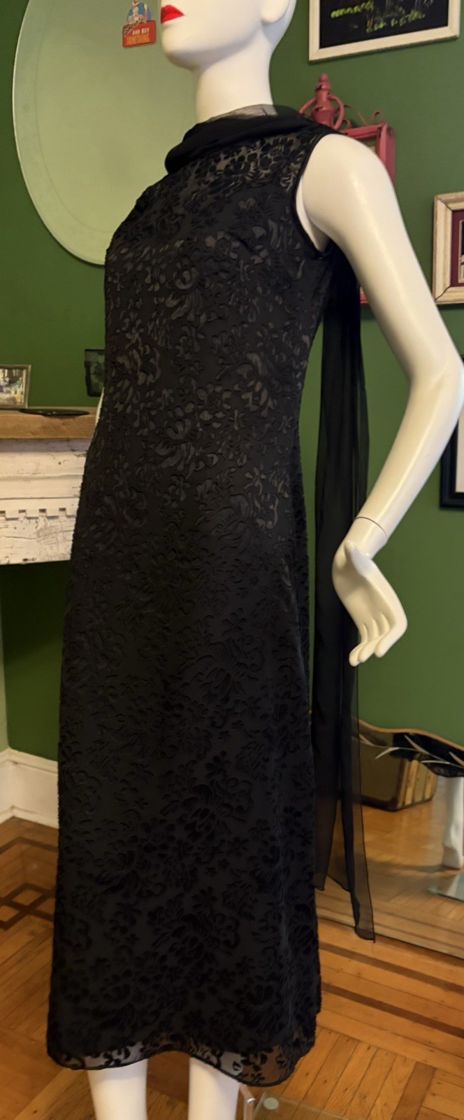 Vtg 90s McClintock Blk Sheath Netting Whimsygoth Chiffon Cape Dress 38 M Hepburn