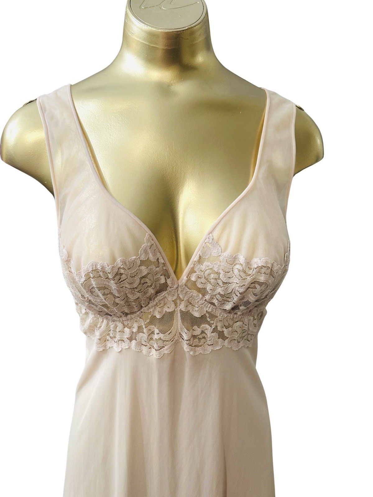 Exquisite Vintage Lydons Nude Nylon Lycra Lace Nightgown Slipdress – Medium 34