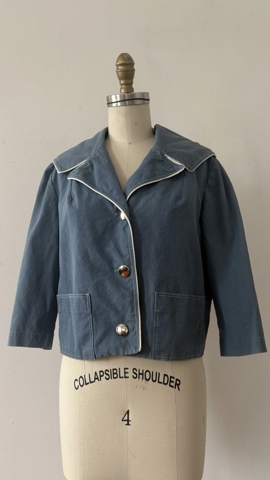 1950s Sailor Collar Cropped Jacket Dusty Blue Rayon Faille Nautical Sportswear