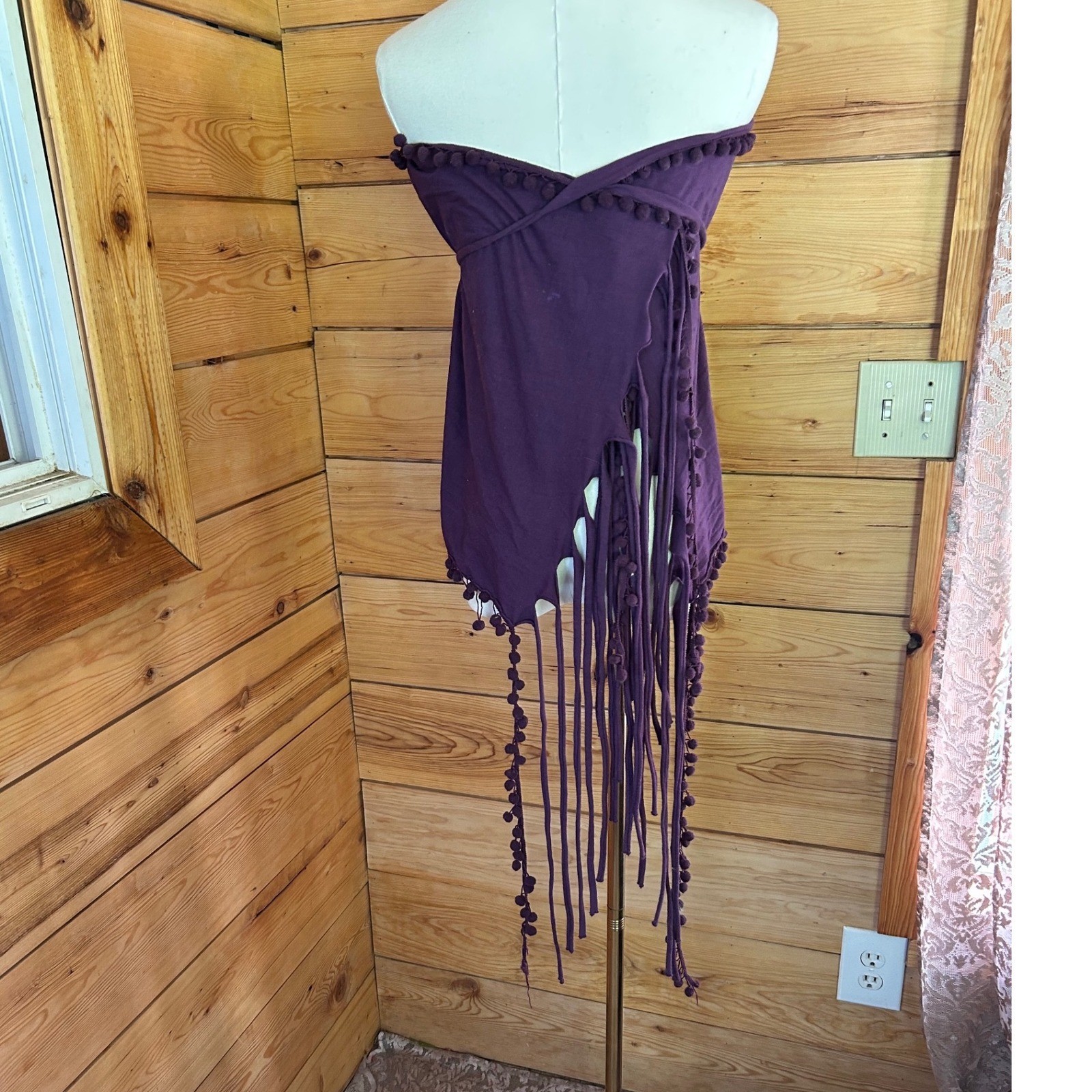 Vintage Purple Convertible Multiway Wrap Top Skirt Scarf Boho Pom Pom Fringe Fes