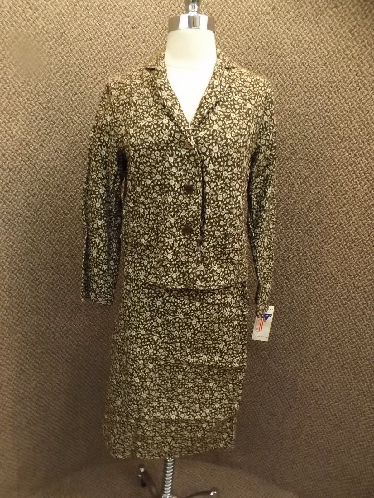 Vtg 60s NEW NOS Fall Season Brown Floral Skirt Blazer Two Pc Suit Dress Sz S/M