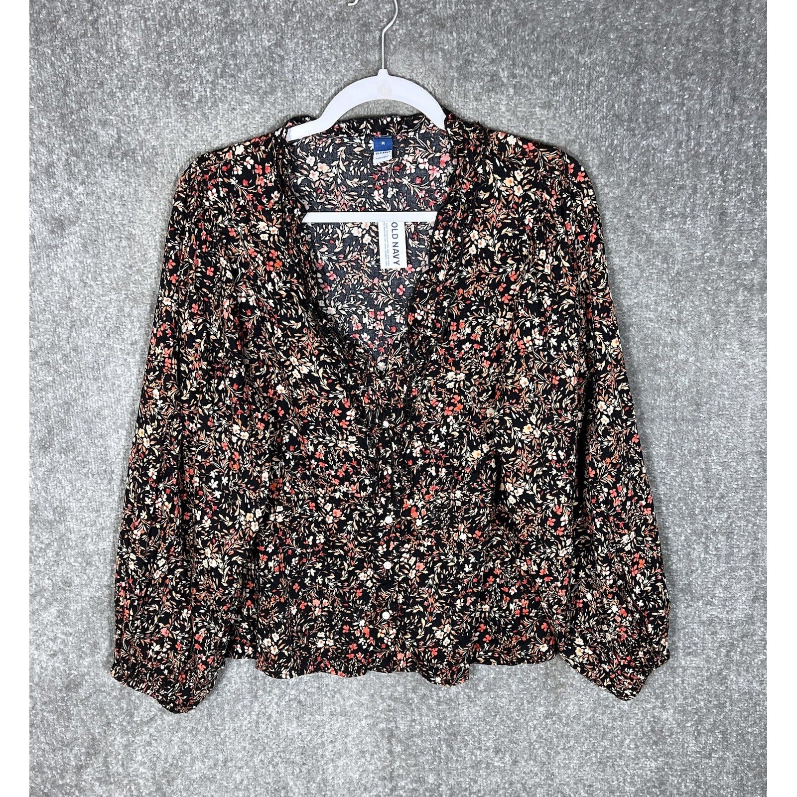 Old Navy Top Womens Size M Black Dark Floral Puff Sleeve V-Neck Button Up NWT