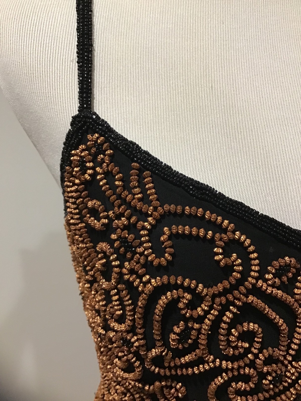 Vintage 90s Cache Black Beaded Cami Top Size 2 Bronze Embellished Boned Corset