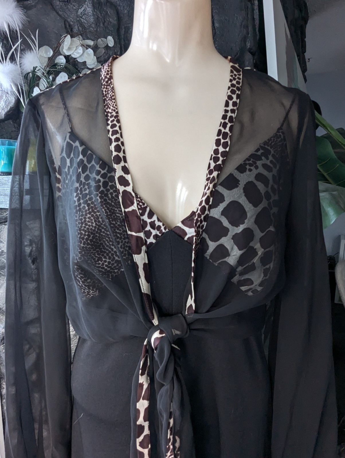 Vtg 70s Juniors Black and Animal Print Jumpsuit Bolero w/ Sheer Sleeves Sz 13/14