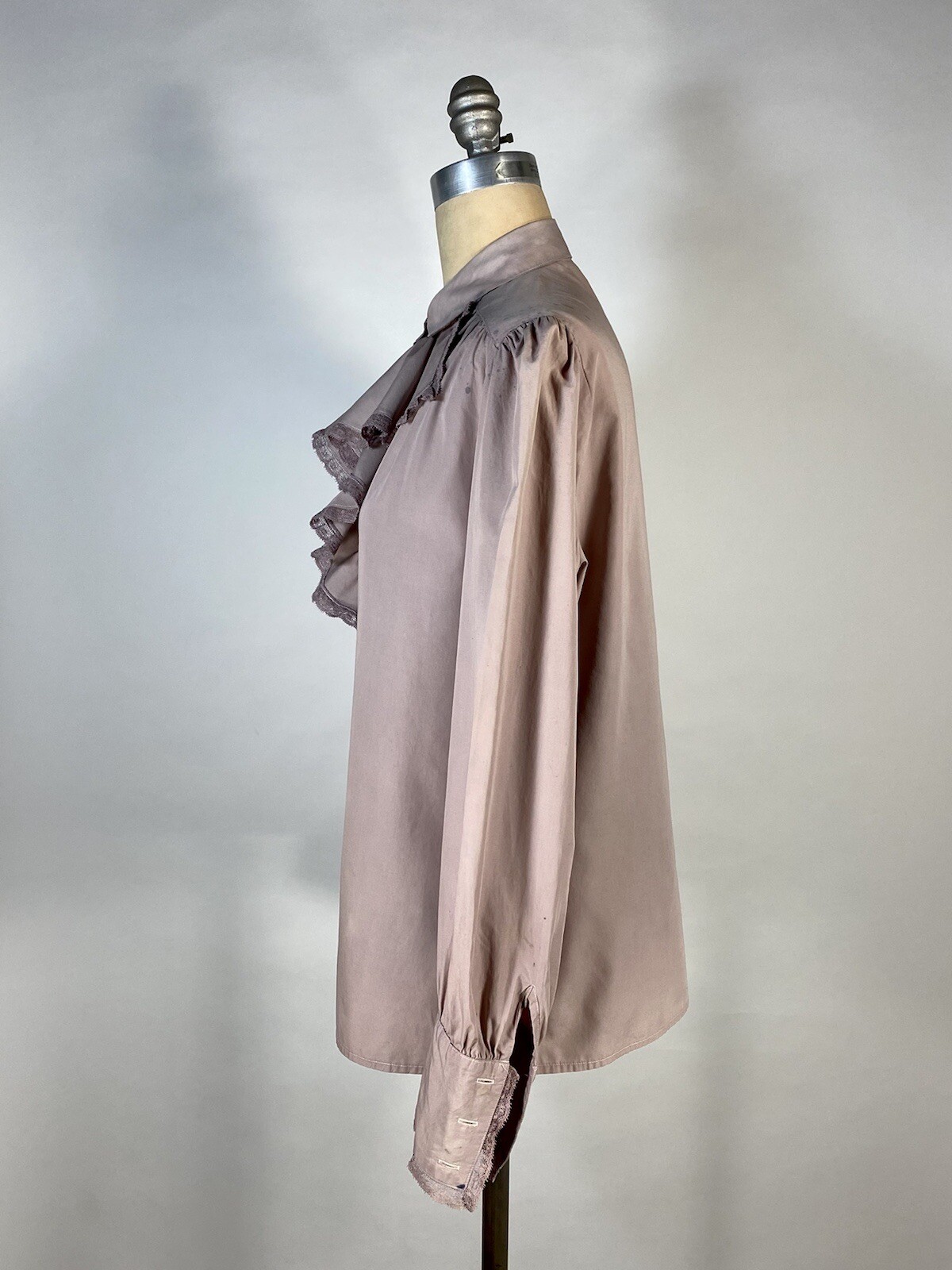 Vintage 1980&rsquo;s REGENCY style distressed over-dyed Lilac purple ruffle blouse Med