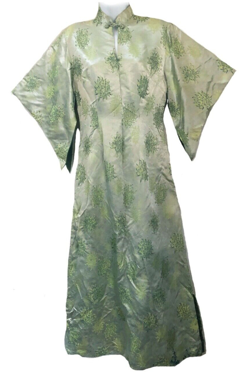Reef Made In Hawaii Rare 50s-60s Brocade Pale Green Maxi Bat wing Sleeve Dress M