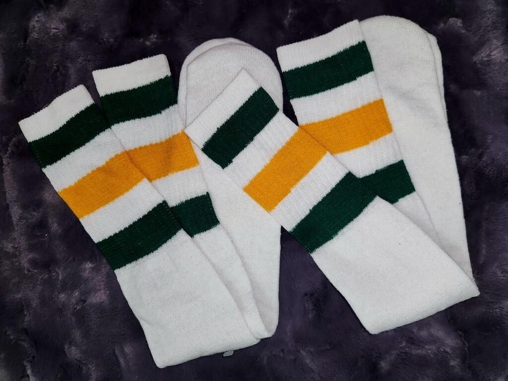 VTG 80&rsquo;s 2 Thick Stripe Tube Socks 23&Prime; long Standard Size Green Yellow White NOS