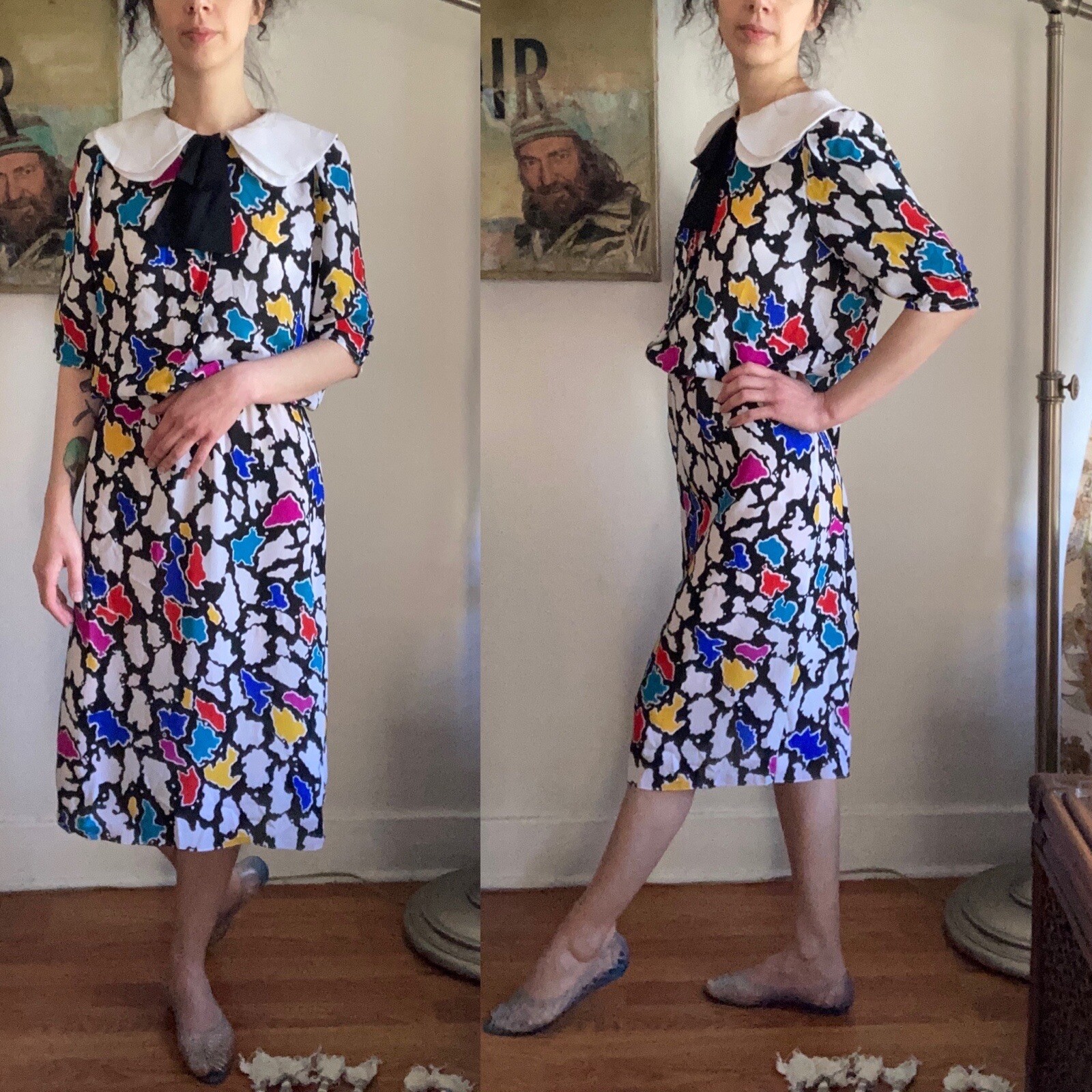 Vintage 1980 s J.B. Too Black Collar button front abstract short sleeved dress