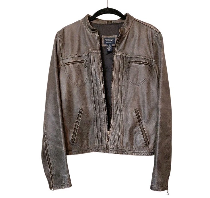 American Eagle Vtg Leather Biker Jacket Brown Distressed Cafe Racer Women&rsquo;s Med