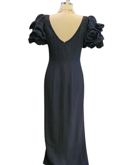 VINTAGE JACK BRYAN &rsquo;80s -&rsquo;90s BLACK EVENING GOWN ROSE SLEEVES HOLLYWOOD GLAMOUR
