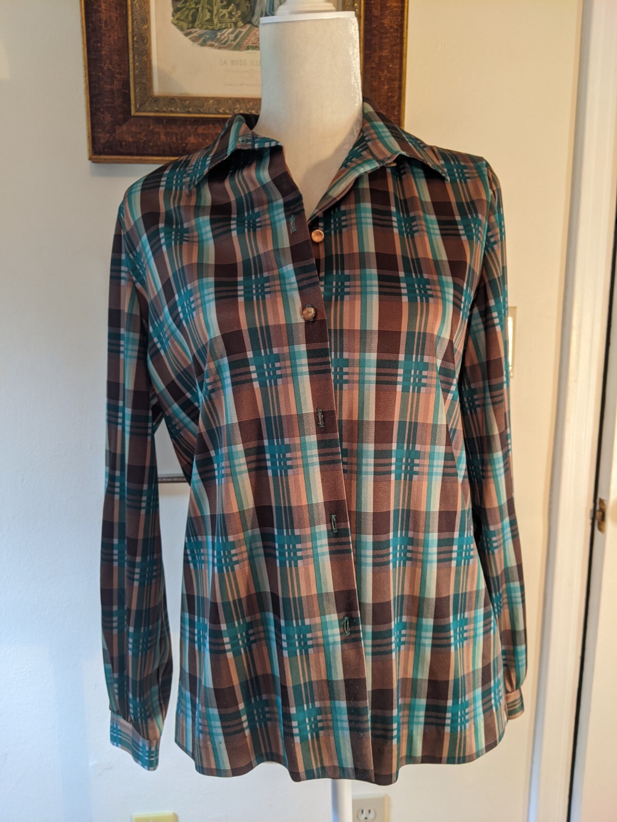 Vintage 70s Graff Californiawear Plaid Long Sleeve Button Front Blouse Size M