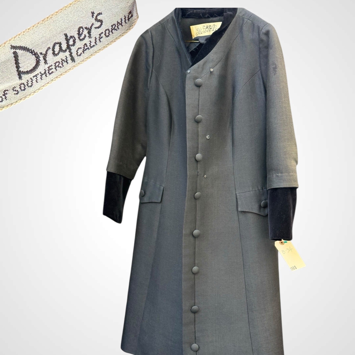 Vintage 1960s Velvet Trim Mod Coat Button Front Duster Jacket XSmall Drapers