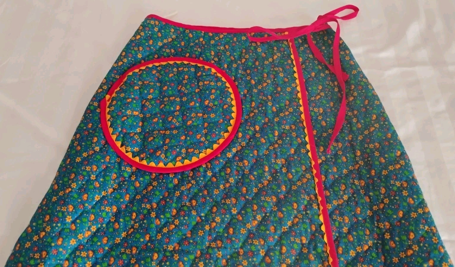 VTG 70s Retro Floral Quilted Maxi Wrap Skirt Flower Power Boho Hippie Lg Pocket