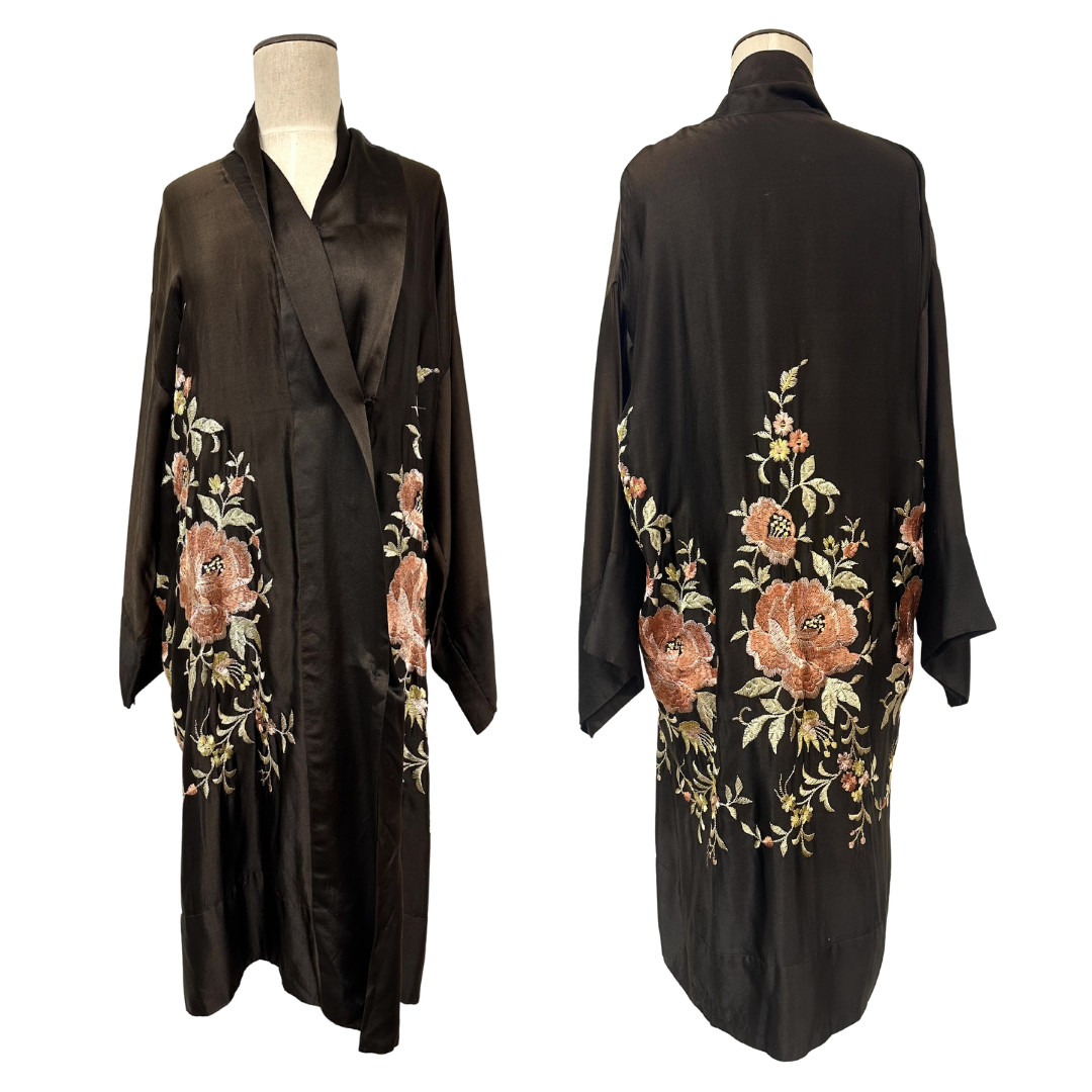 Vintage 1920s 1930s Chocolate Brown Silk Floral Asian Inspired Embroidered Robe