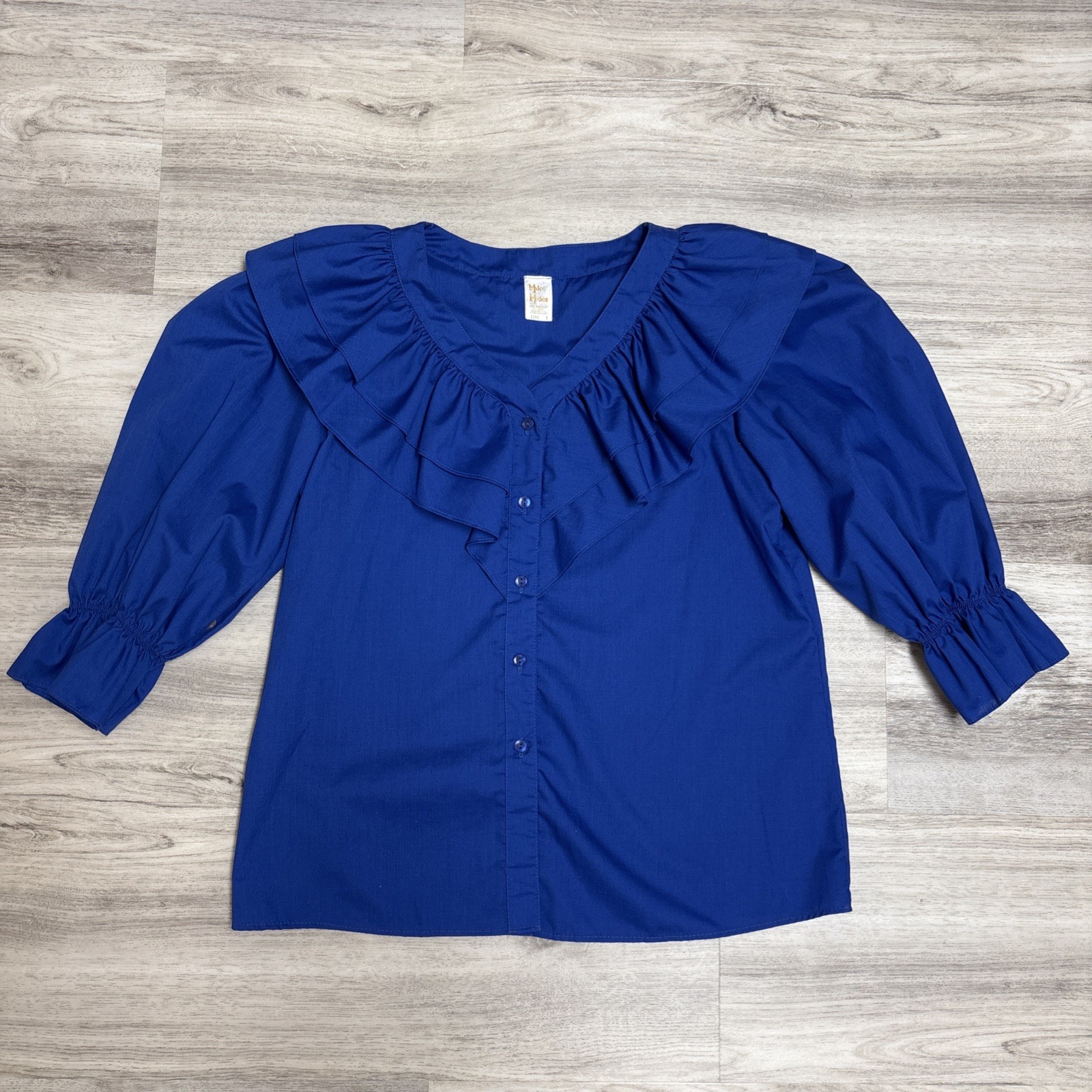 Vintage Malco Modes Blouse Womens Small Royal Blue Ruffle Collar Western Prairie