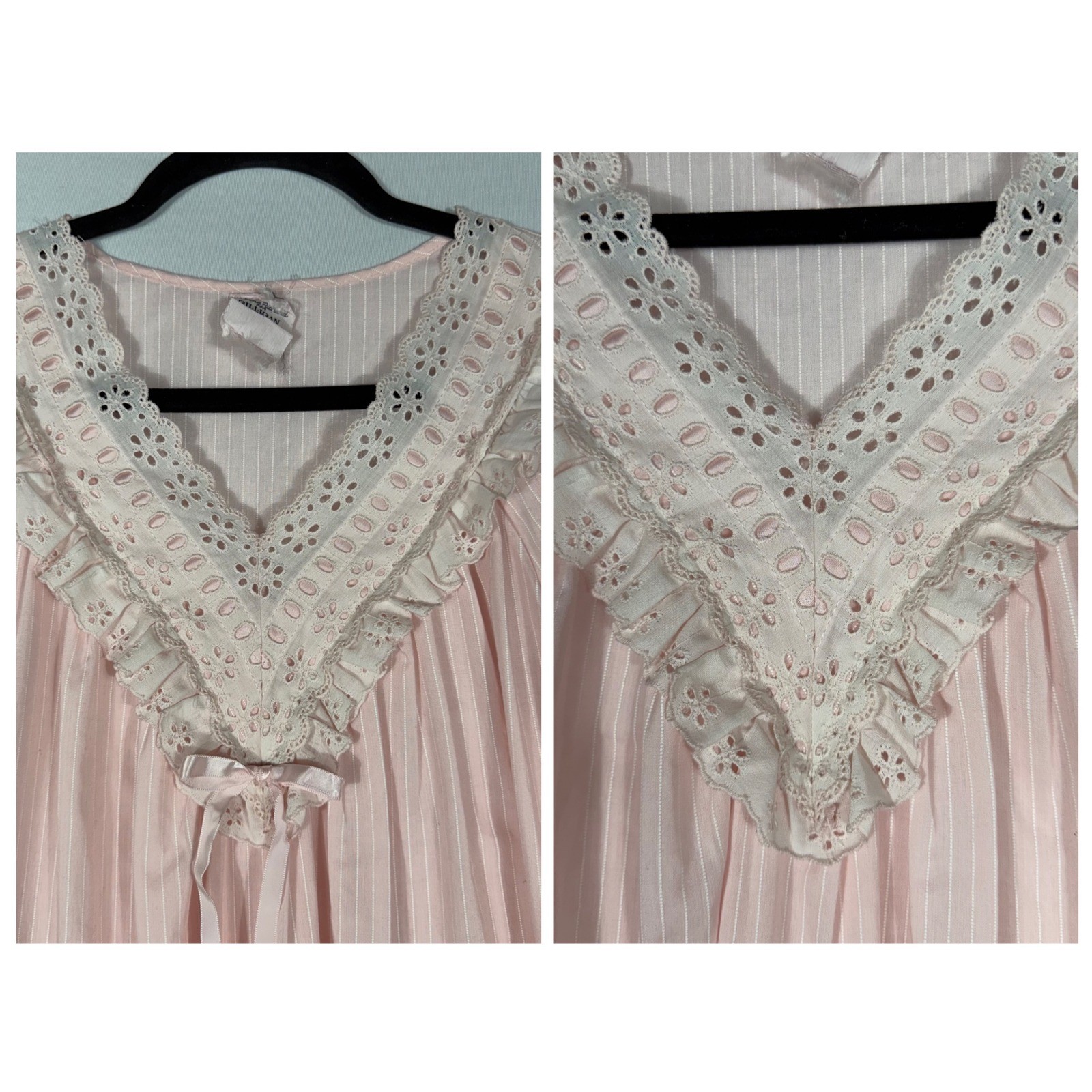 Vtg Donna Richard Gilligan O&rsquo;Malley Pink Pinstripe Eyelet Lace Nightgown Cottage