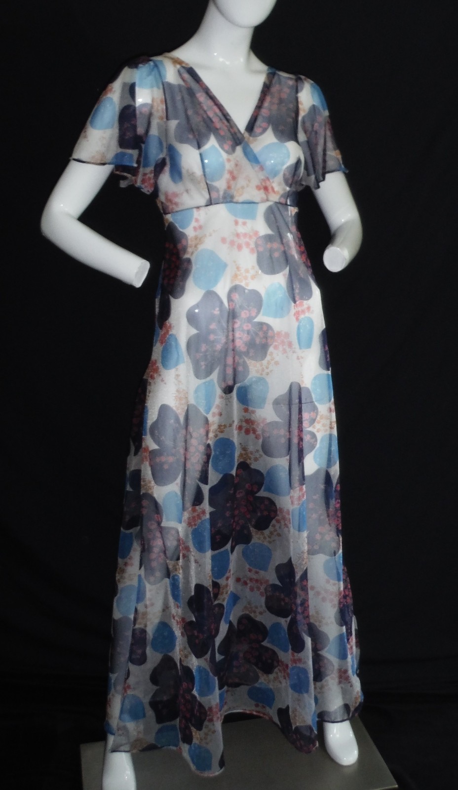 VTG 60&rsquo;s FREDERICKS of HOLLYWOOD Chiffon Flower Maxi Dress Beautiful & Rare! Sm
