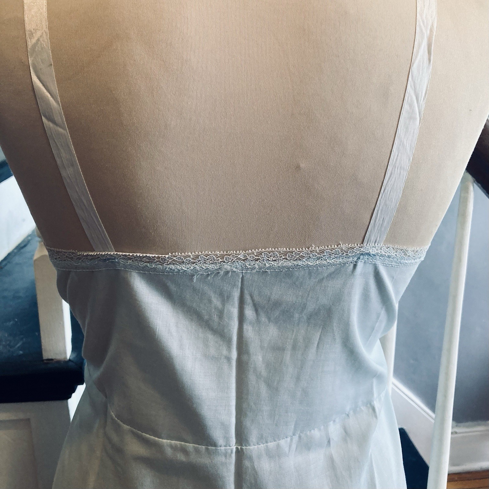 1970s Poly cotton Eyelet Lace Midi Slip Pastel Baby Blue Lingerie Pinup Hippie