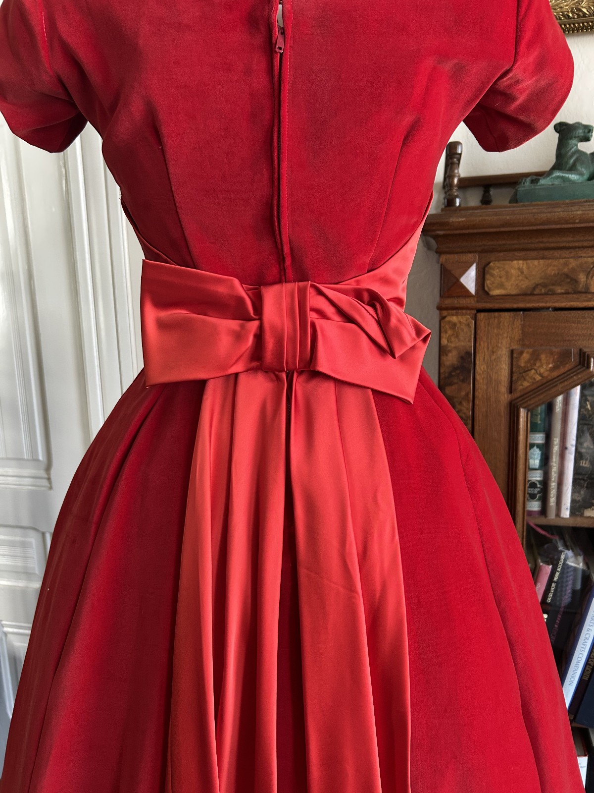 Vintage 1950s Ruby Red Velvet Party Dress Satin Sash Full Skirt XS Formal Bow