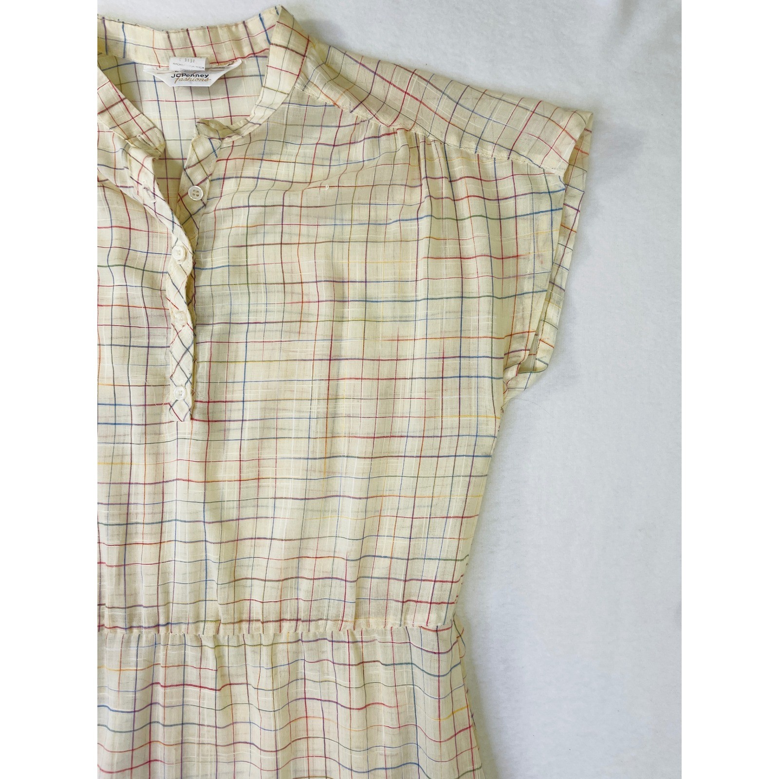 Vintage JCPenney Fashions Plaid Dress Cream Multi Color Cap Sleeve Size 15/16