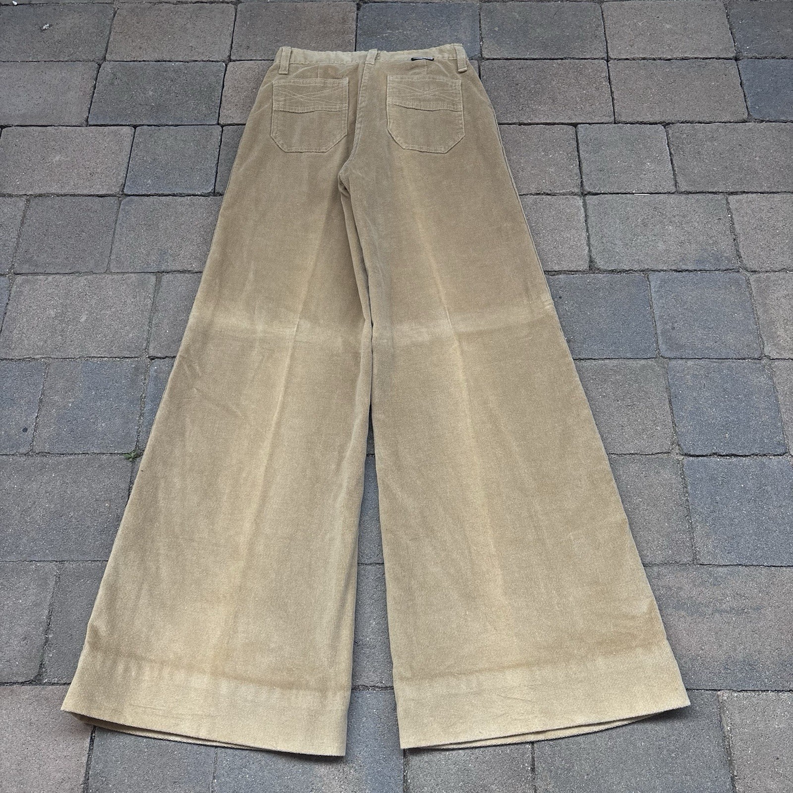 VTG Plush Bottoms Bell Bottom Snap Fly Pants Boho Hippy 27×31 Khaki Twill 70s