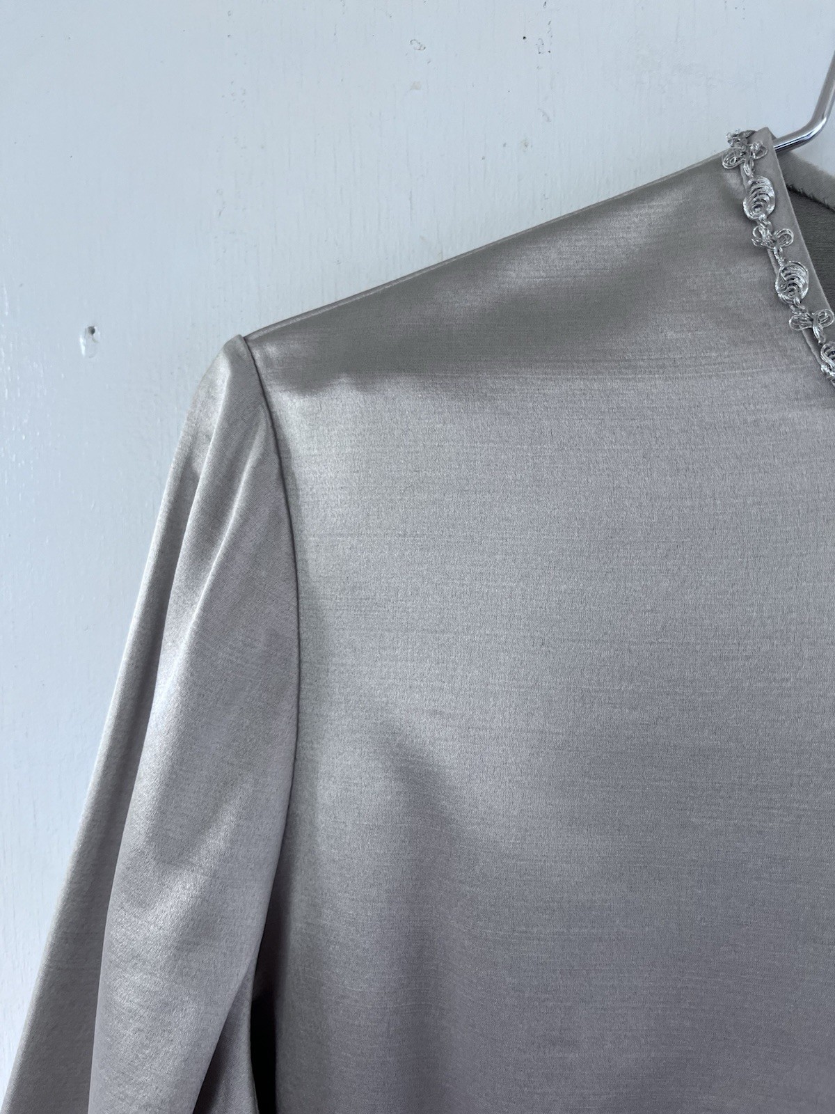 Geoffrey Beene Vintage 1990s Silver Silk Blouse Skirt Ensemble