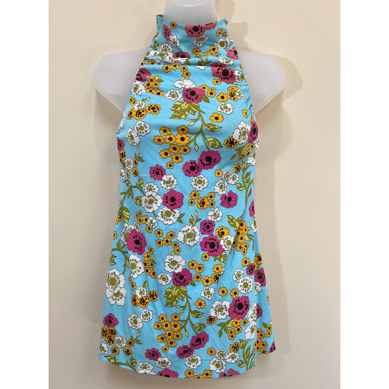 Corky Craig California Tunic Top Womens XS Blue Floral 70&rsquo;s Vintage Mod