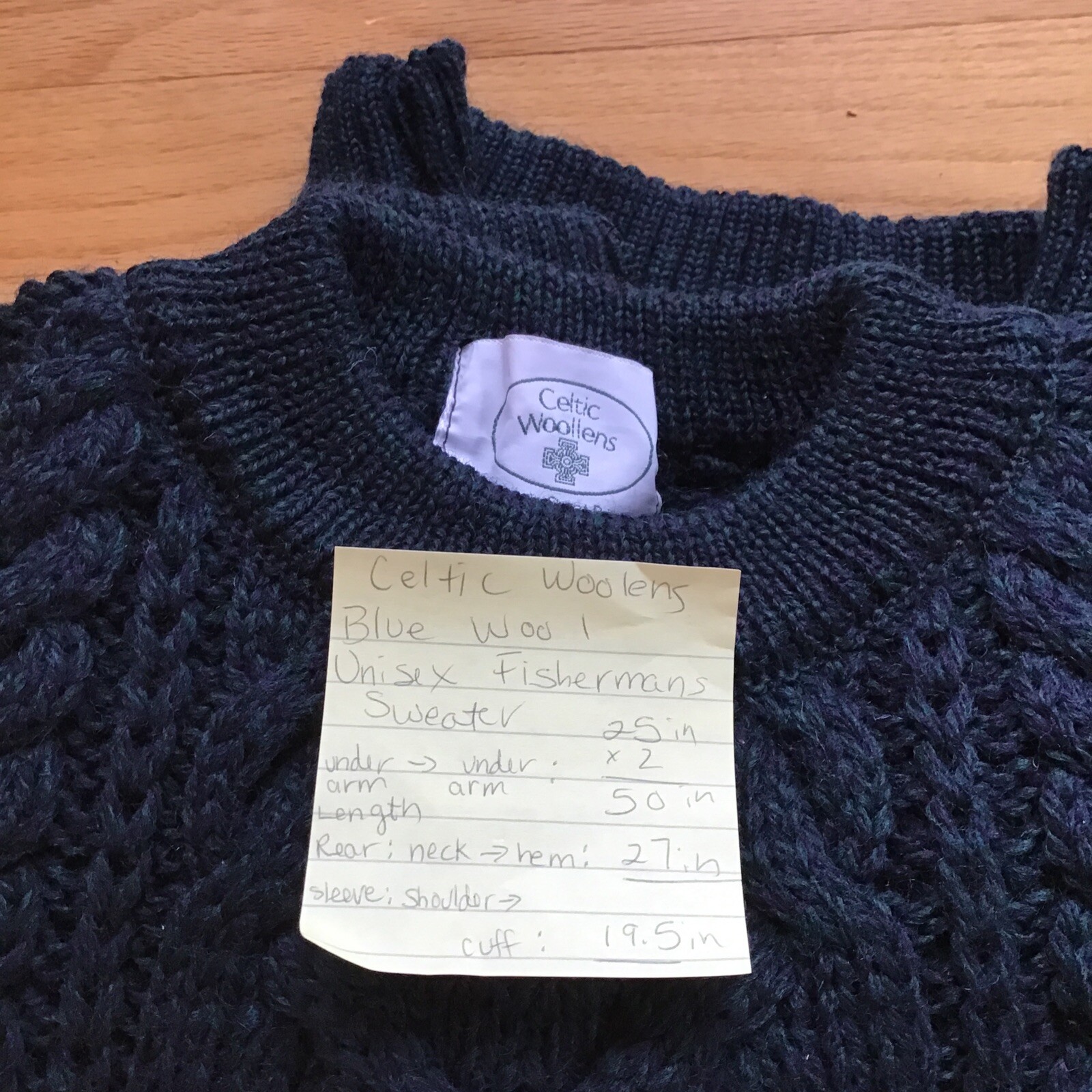 Celtic Woolens Variegated Bl/Gr Unisex Cableknit Fisherman Sweater, SM-MED,*READ