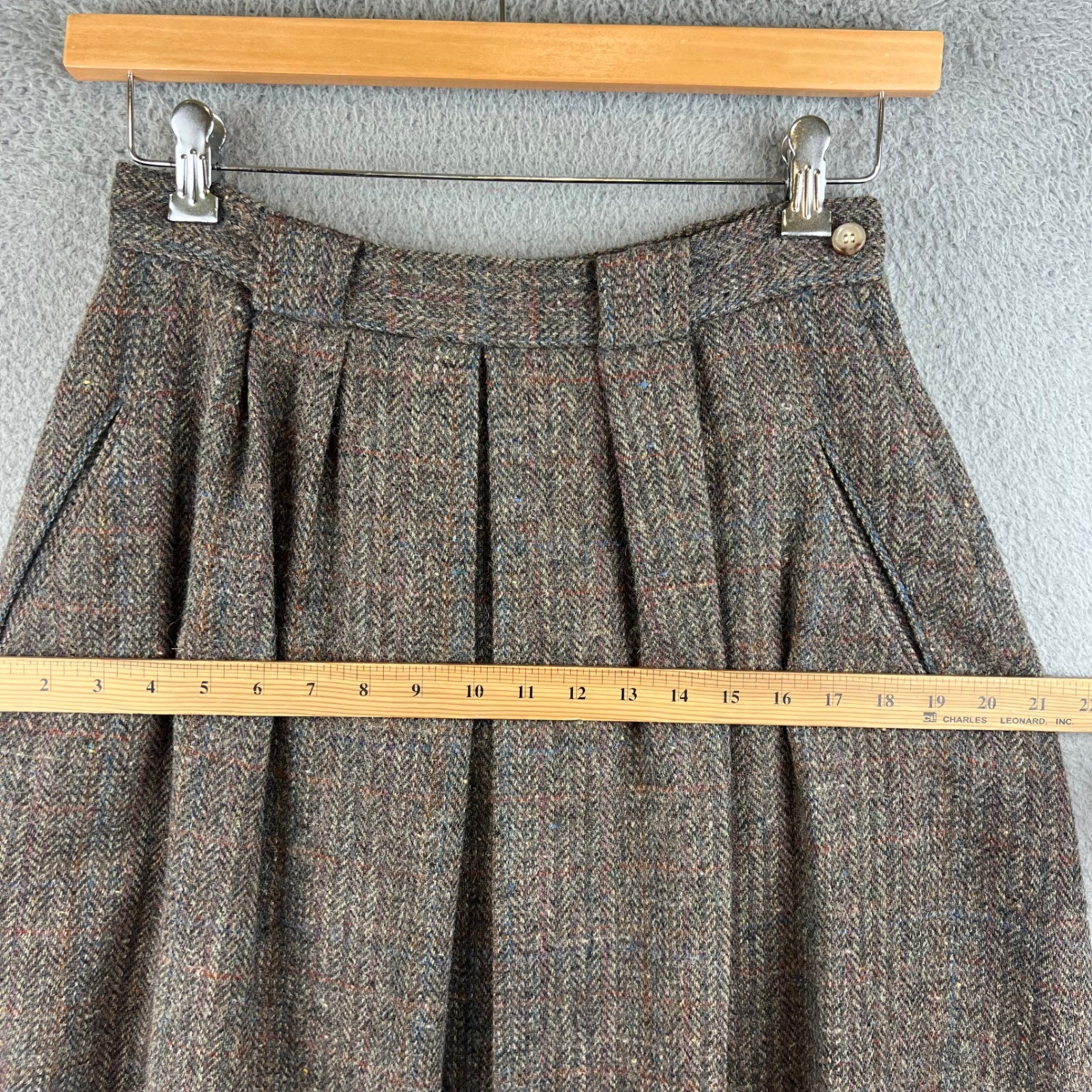 Vintage Brown Herringbone Tweed Wool Maxi Skirt Pleated High Waist Pockets 10