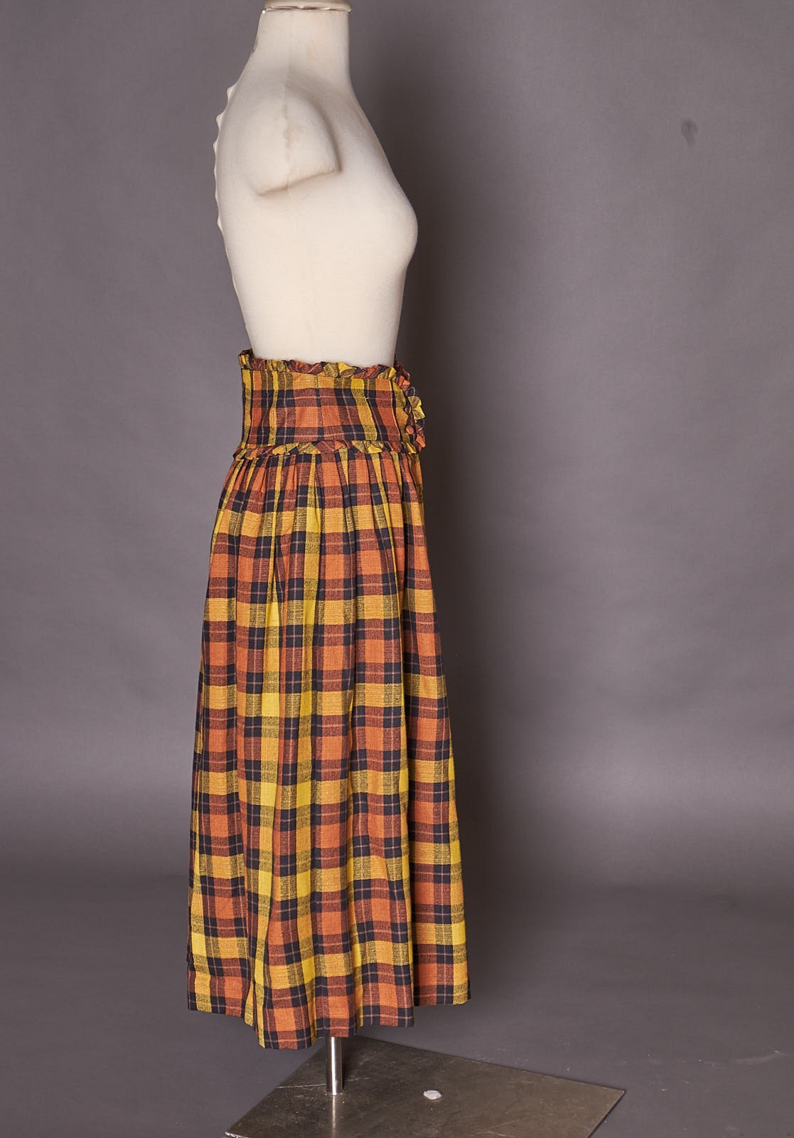 1980s Ruffle Waist Plaid Golden Button Up Skirt Long Retro