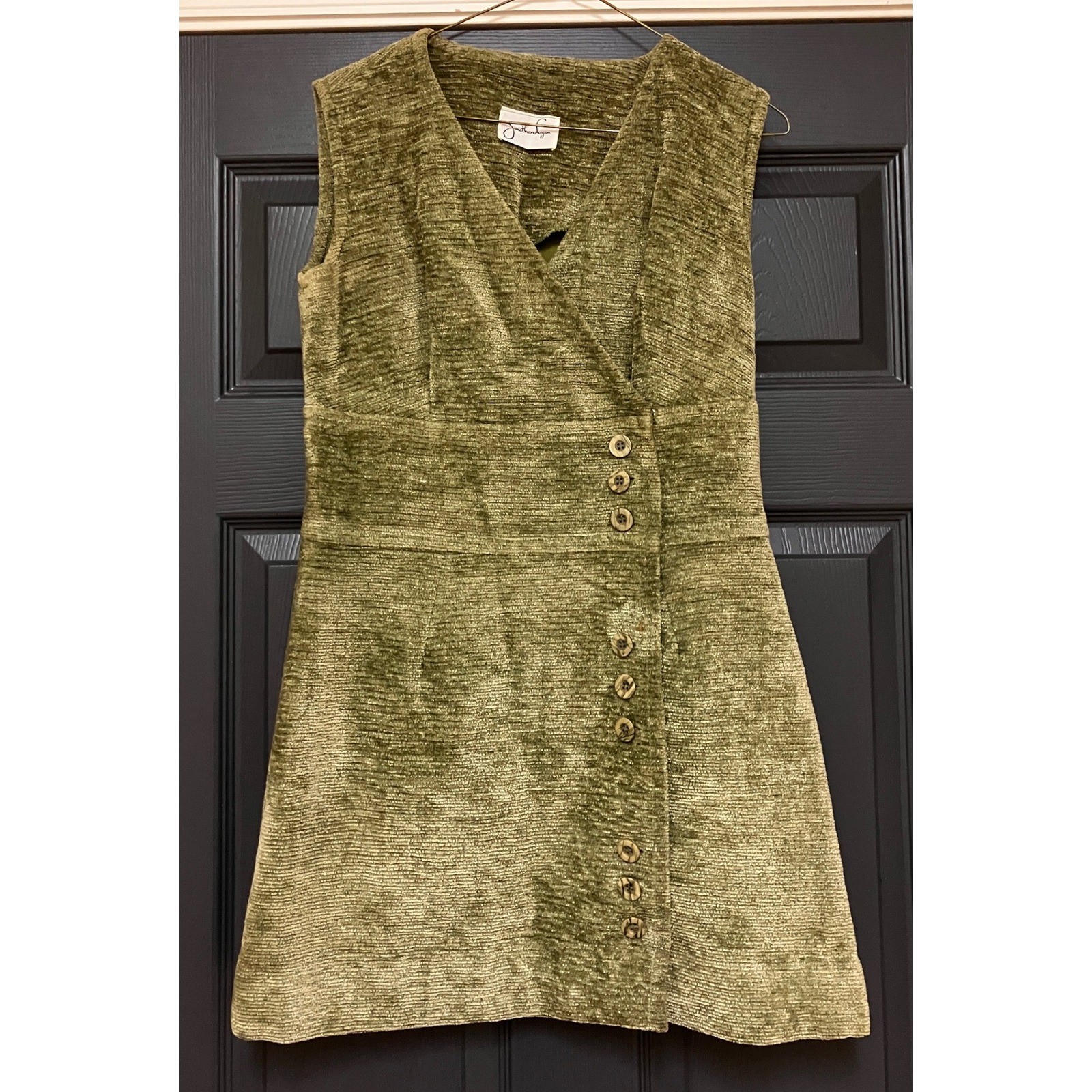 Vintage Jonathan Logan Green Textured Side Button Sleeveless Mini Dress Mod 11