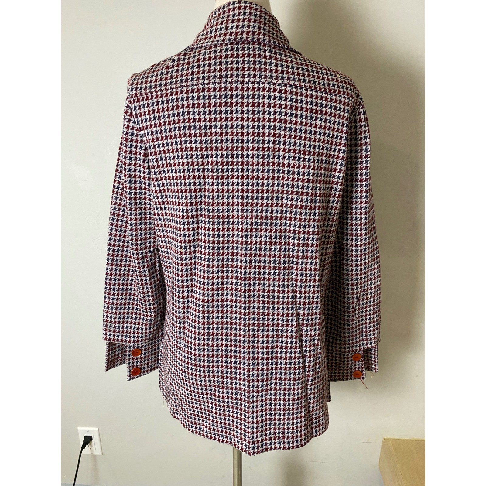 Vintage Tiger 1970s Houndstooth Knit Jacket Red White Blue Button Up Blazer