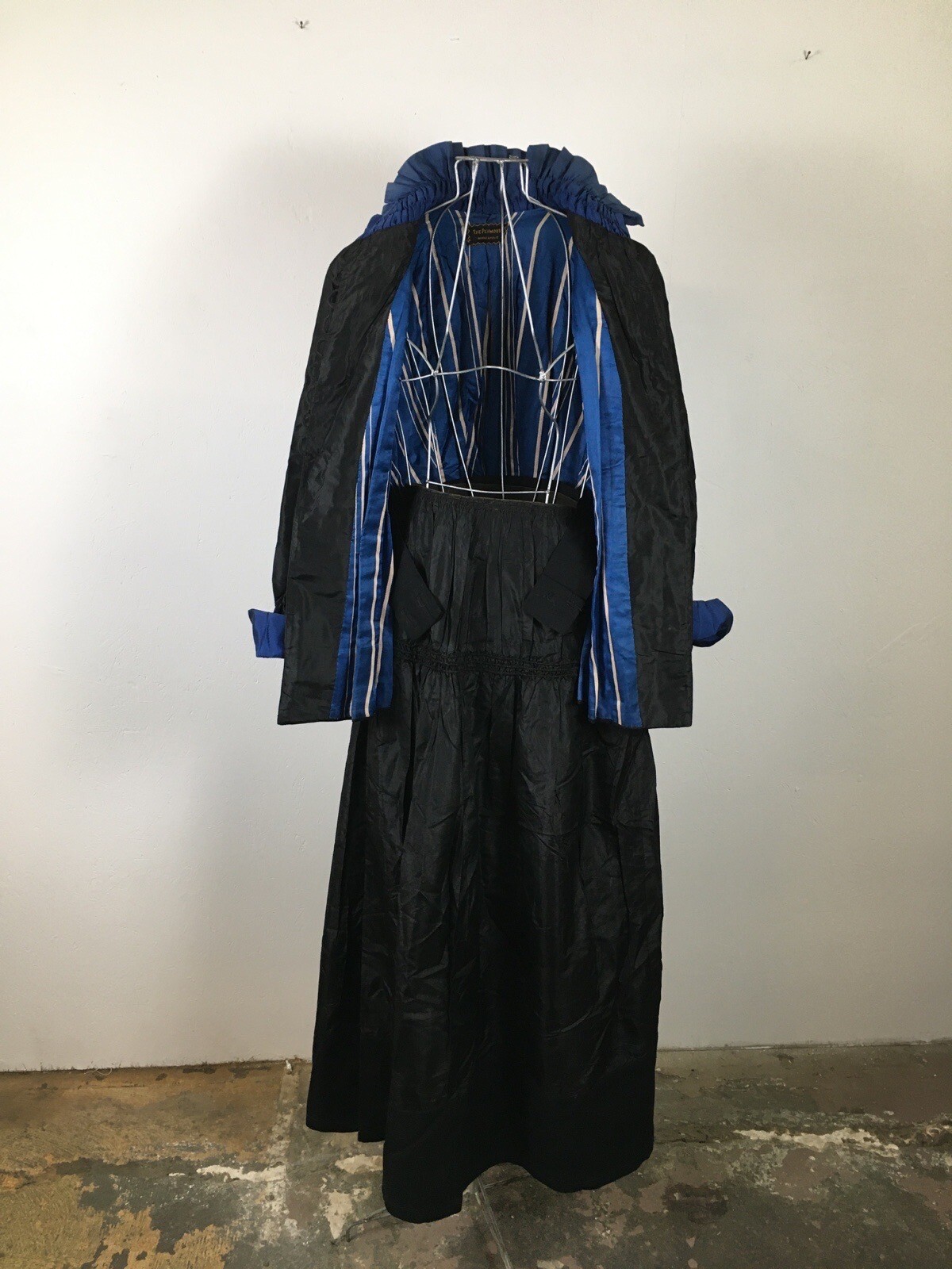 Exquisite Antique Edwardian Black & Blue Silk Walking Skirt Suit
