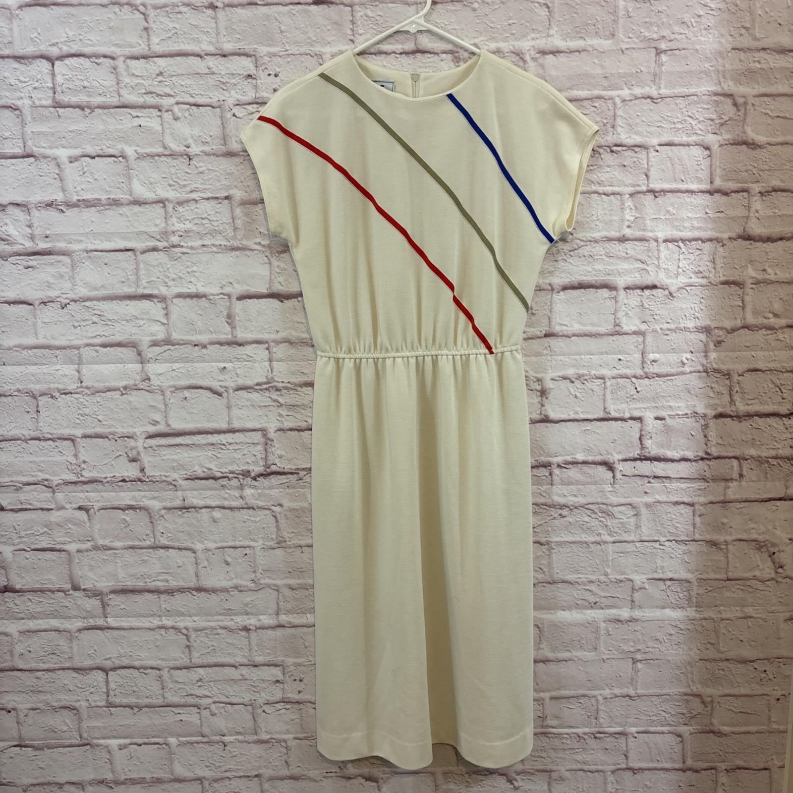 Vintage Dress Size 12 Leslie Fay Ivory w Stripes Zip Short Sleeve Blue Red Green